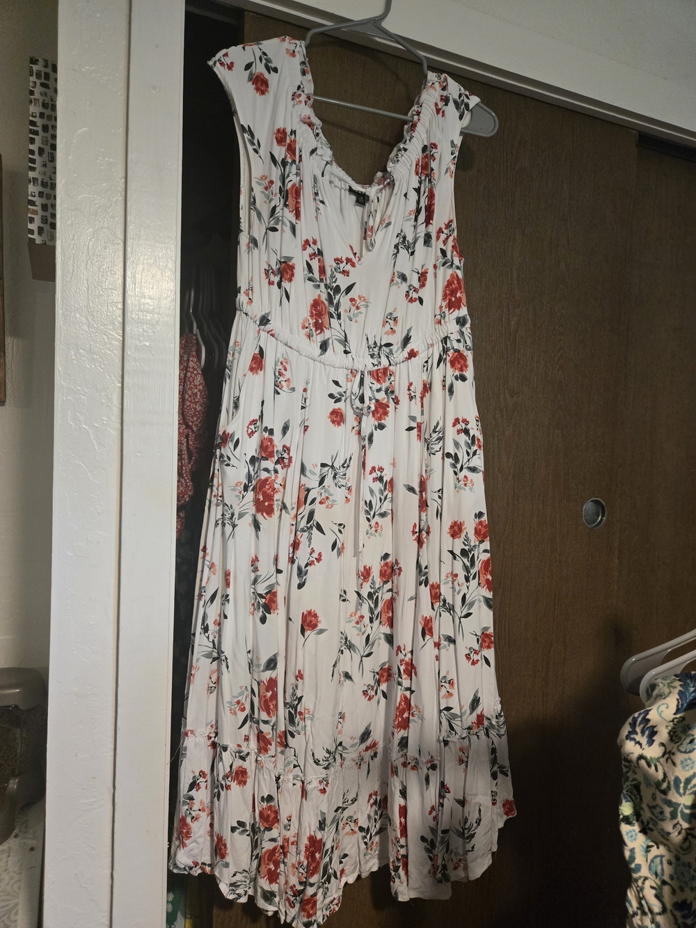 Sleeveless White Maxi Dress with Red Floral Print